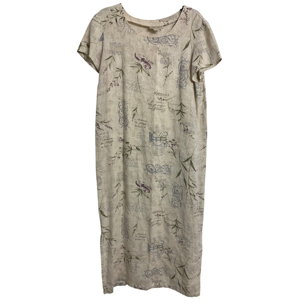 Sweet Jessie Linen Blend Floral Script Maxi  Dress Beige Short Sleeve‎ Size L